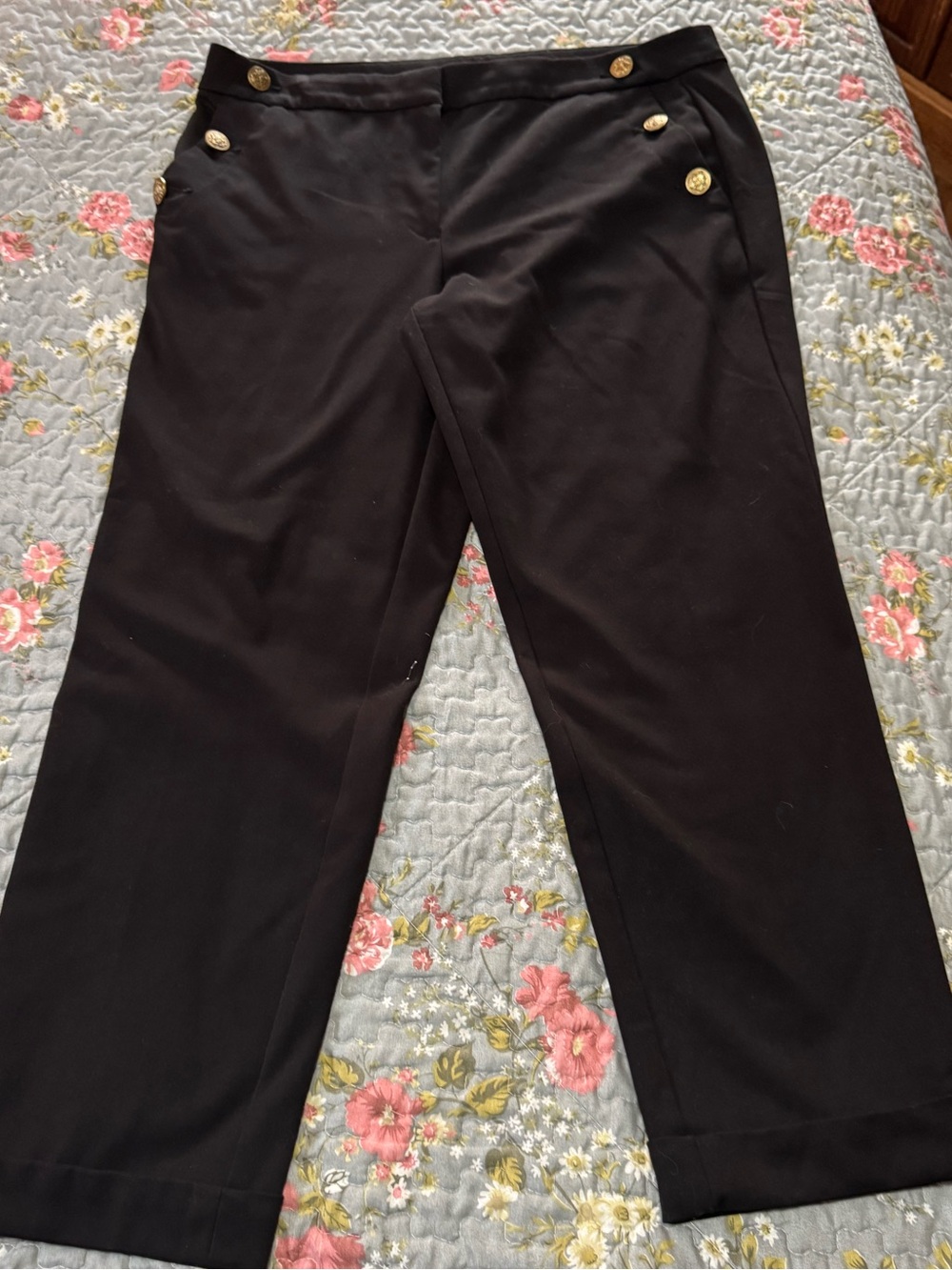 LOFT Black Sailor Ankle Pants Gold Crest Buttons Size 8